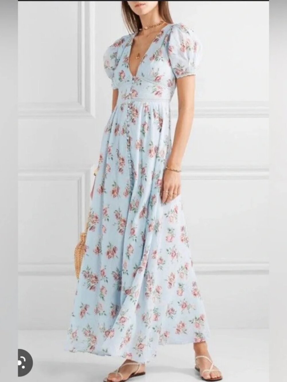 Womens LoveShackFancy Stacey Blue (Item-257) Rose Floral Slit Maxi Dress XS